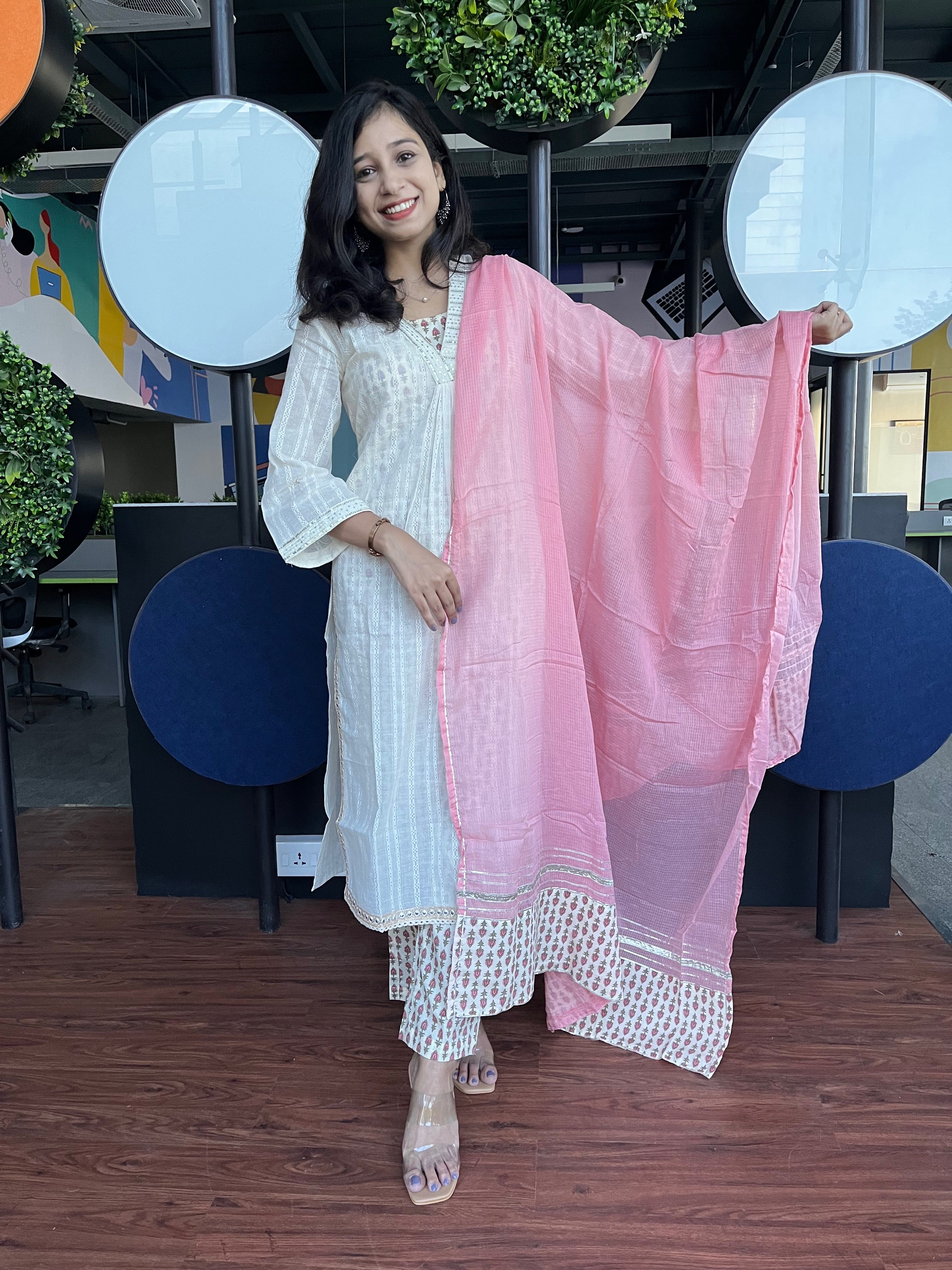 Buy MySilkLove Westar White and Pink  Pure Cotton Suit Online