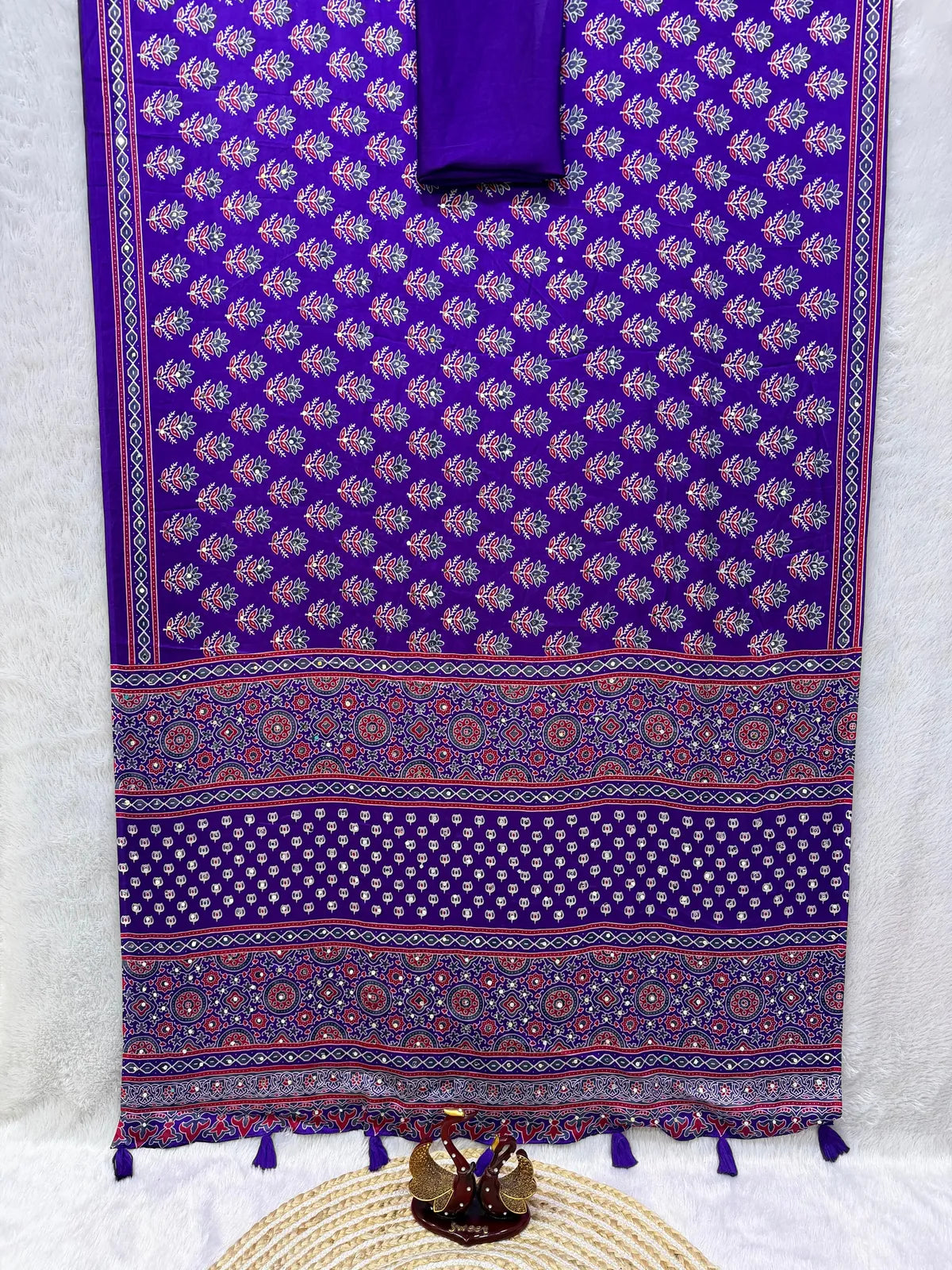 Buy MySilkLove Royal Purple Mirror Work Ajrakh Printed Saree Online