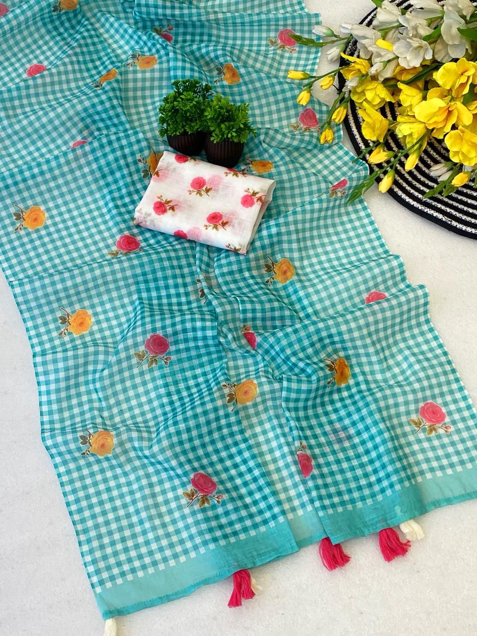 Buy MySilkLove Water Blue Soft Linen Cotton Pinted Saree Online