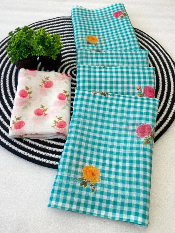 Buy MySilkLove Water Blue Soft Linen Cotton Pinted Saree Online