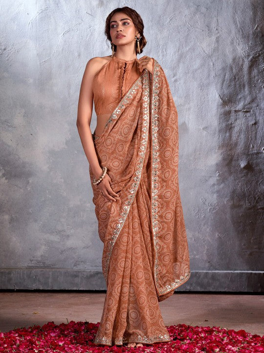 MySilkLove Ironstone Brown Designer Georgette Bandhani Saree