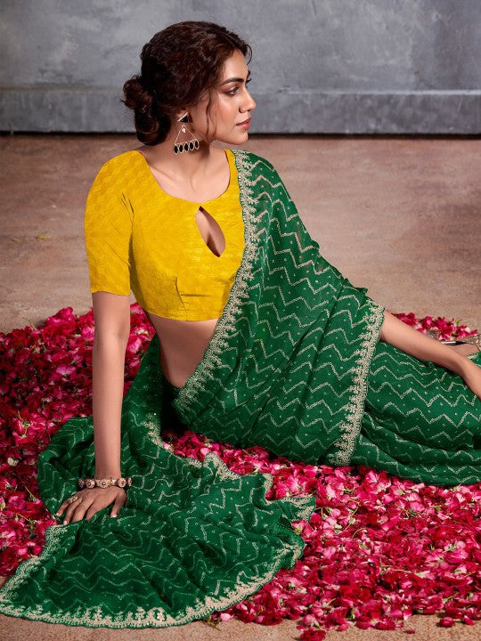 Buy MySilkLove Forest Green Designer Georgette Bandhani Saree Online