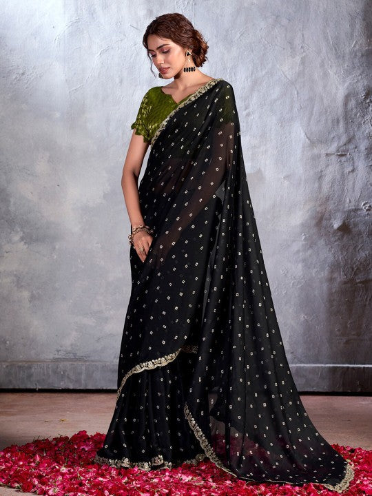 Buy MySilkLove Rio Black Designer Georgette Bandhani Saree Online