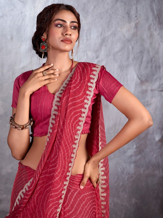 Buy MySilkLove Cherry Red Designer Georgette Bandhani Saree Online