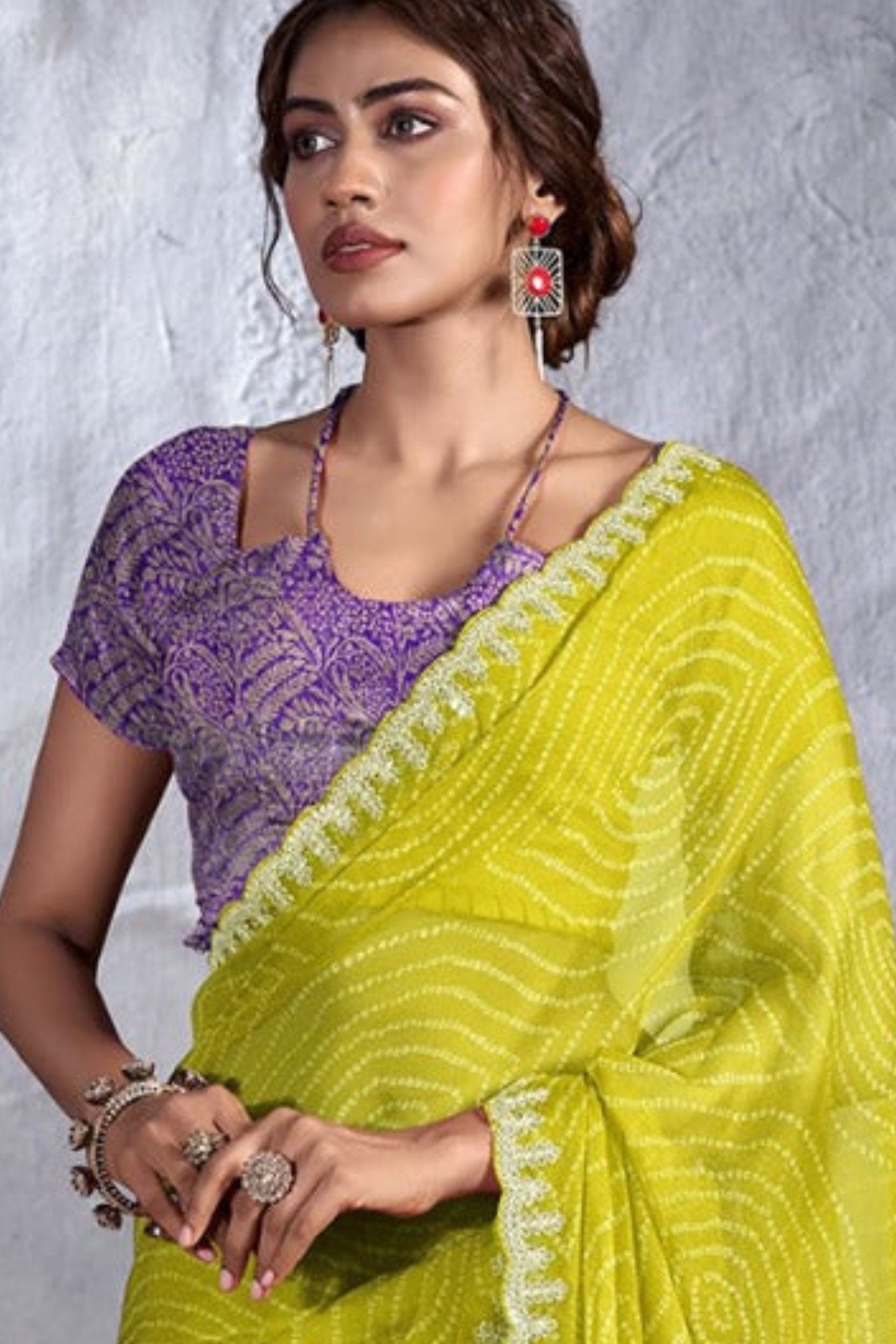 Buy MySilkLove Neon Yellow Designer Georgette Bandhani Saree Online