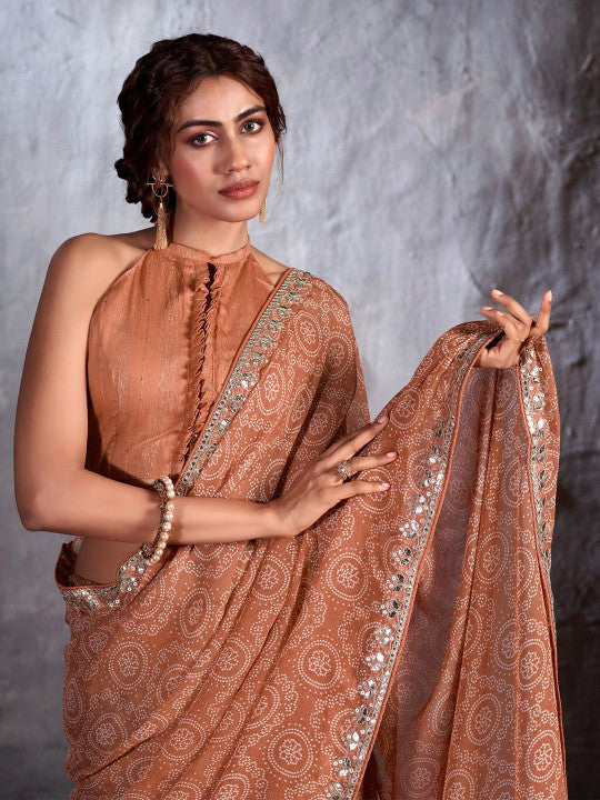 Buy MySilkLove Ironstone Brown Designer Georgette Bandhani Saree Online