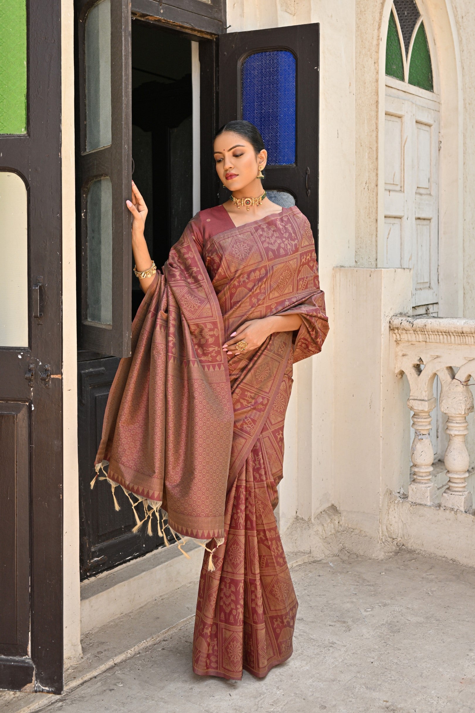 Buy MySilkLove Matrix Brown Woven Kalamkari Raw Silk Saree Online