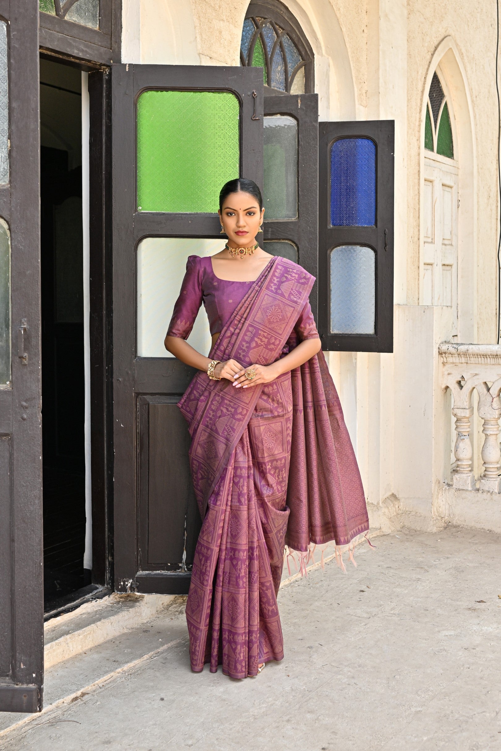 Buy MySilkLove Rose Dust Purple Woven Kalamkari Raw Silk Saree Online