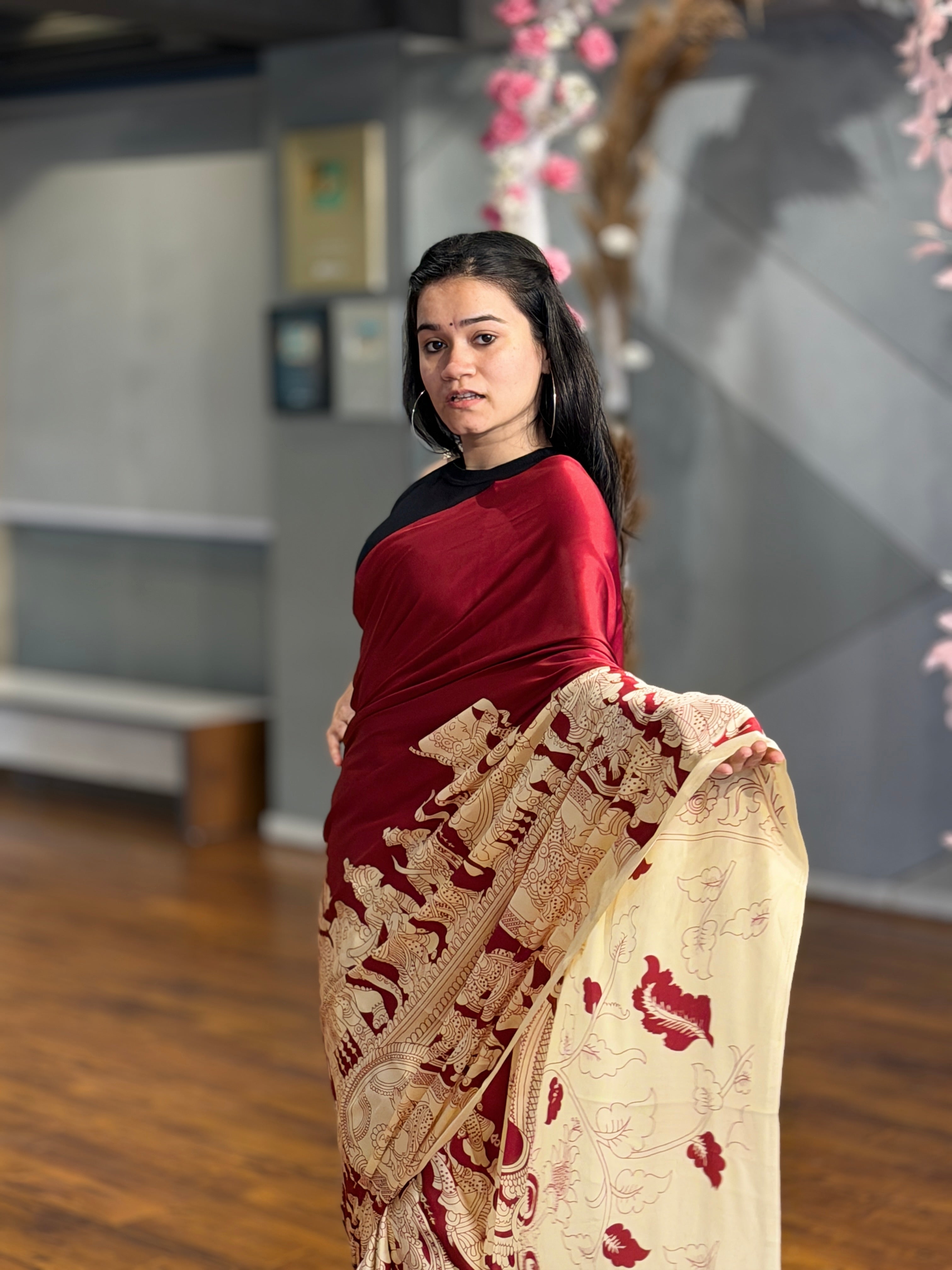 Buy MySilkLove Tan Maroon and Cream Ajrakh Printed Satin Crepe Silk Saree Online