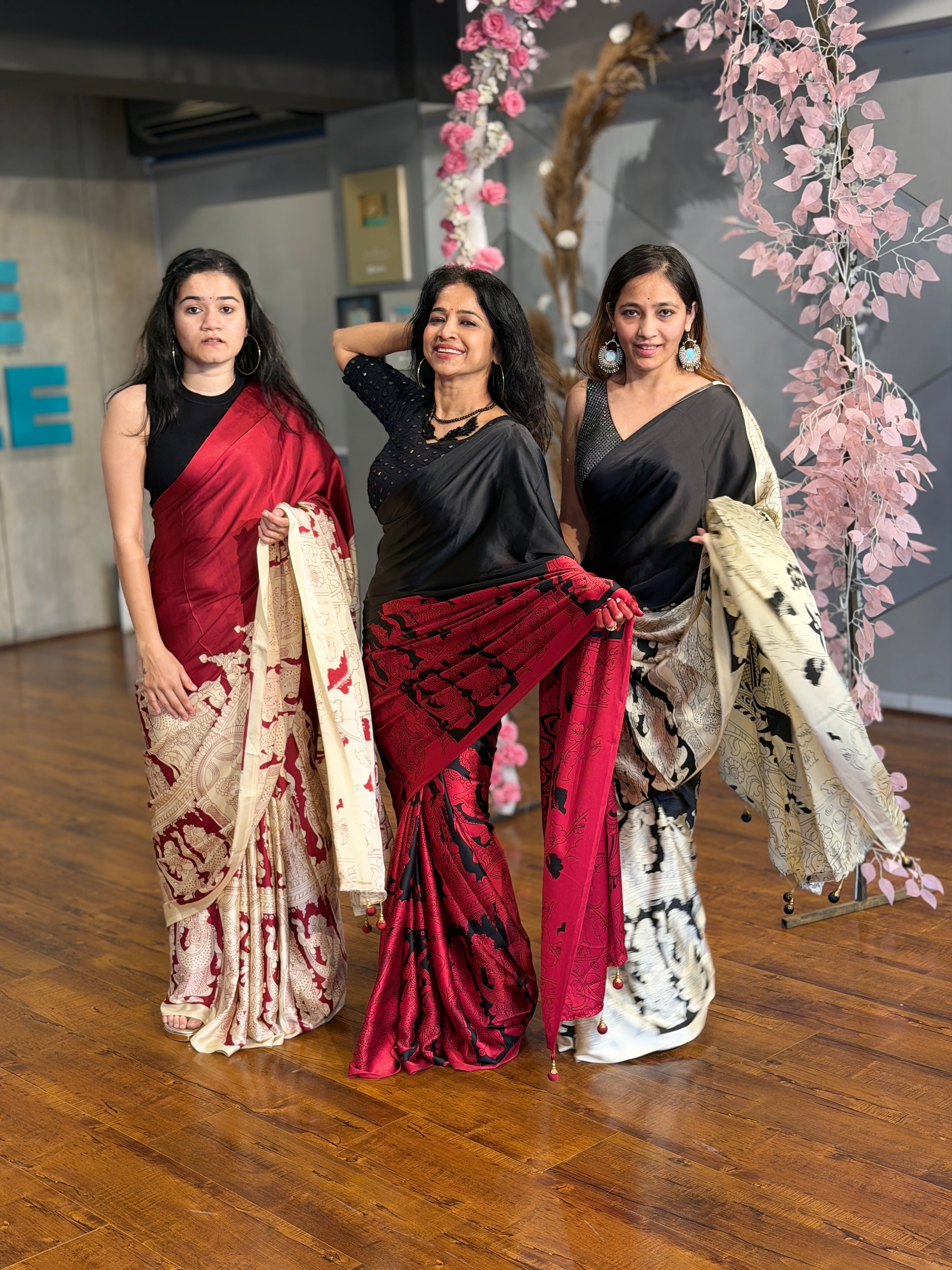 Buy MySilkLove Stone Black and Cream Ajrakh Printed Satin Crepe Silk Saree Online