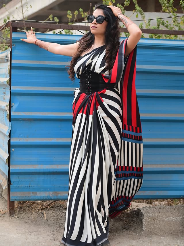 Buy MySilkLove Aced Black and White Stripes Printed Satin Crepe Silk Saree Online