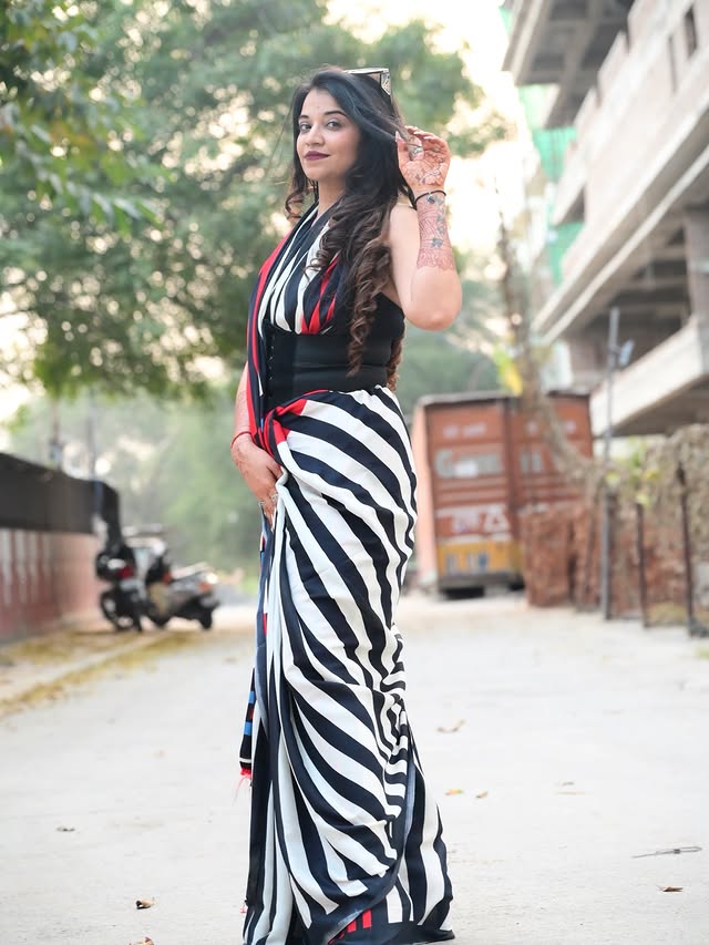 Buy MySilkLove Aced Black and White Stripes Printed Satin Crepe Silk Saree Online