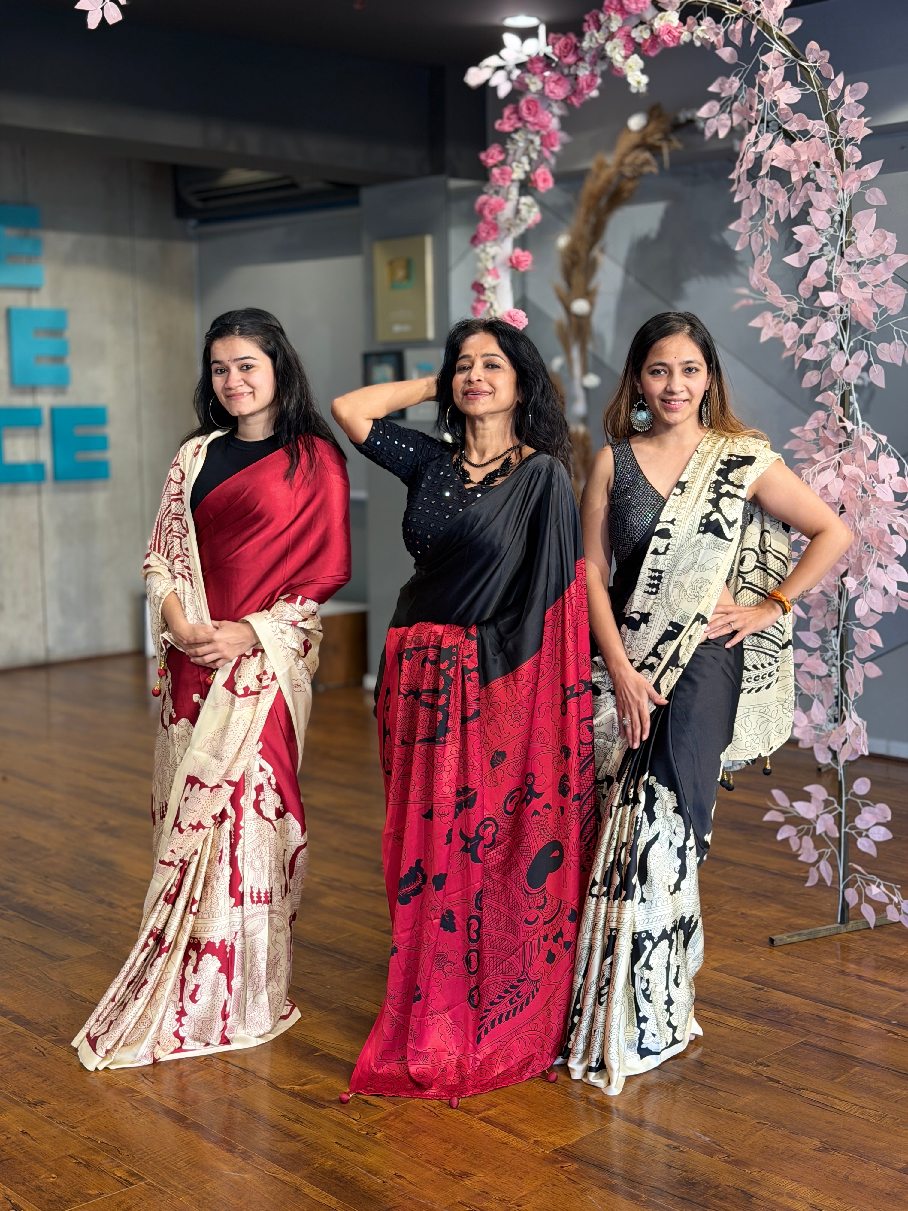 Buy MySilkLove Stone Black and Cream Ajrakh Printed Satin Crepe Silk Saree Online