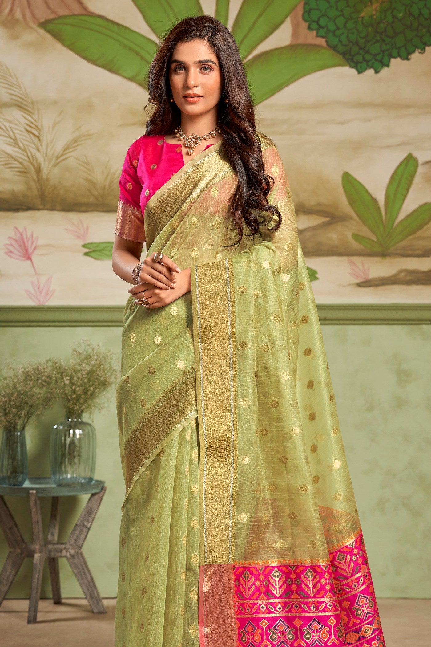 Buy MySilkLove Wild Willow Green Banarasi Tissue Silk Saree Online