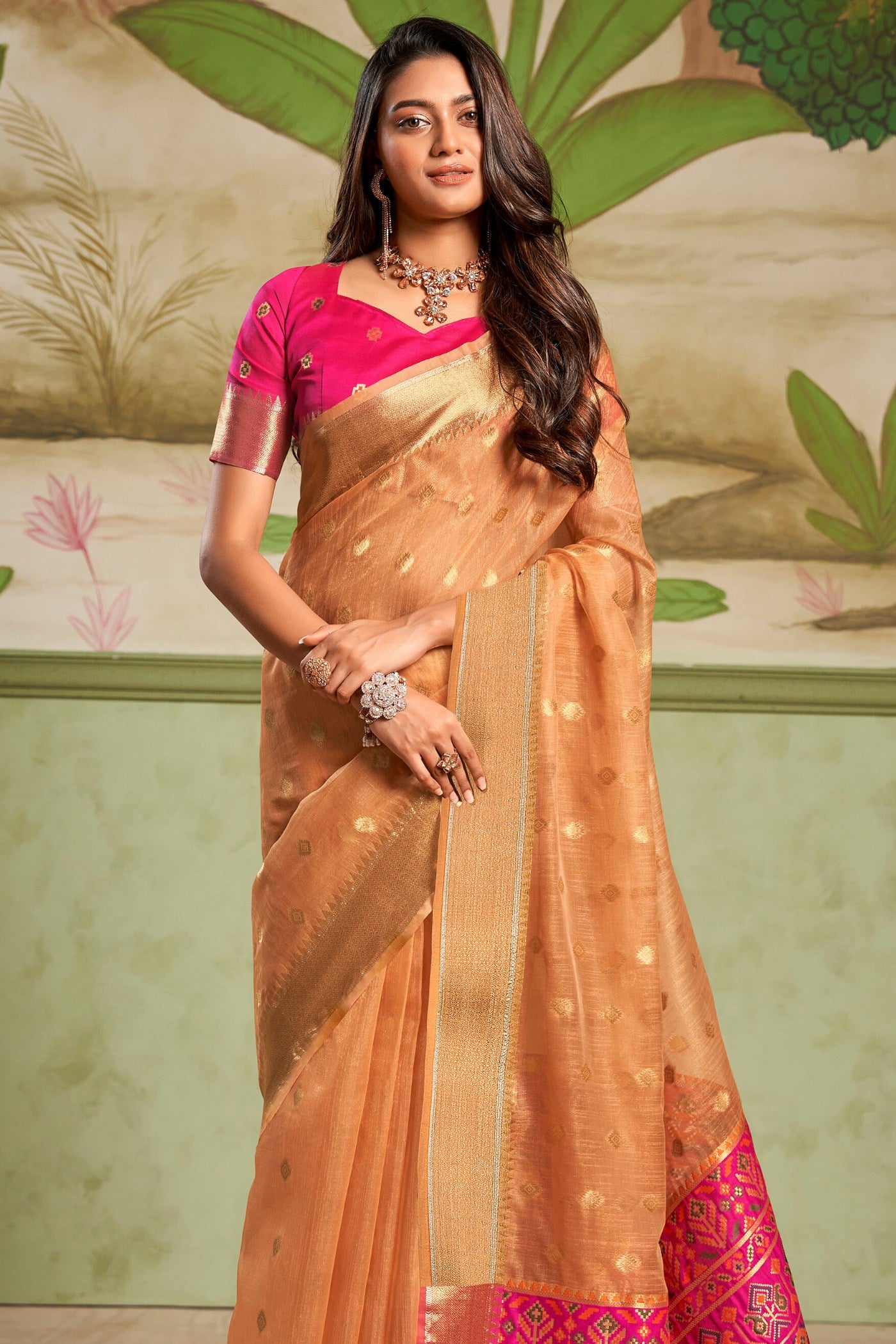 Buy MySilkLove Damask Orange Banarasi Tissue Silk Saree Online