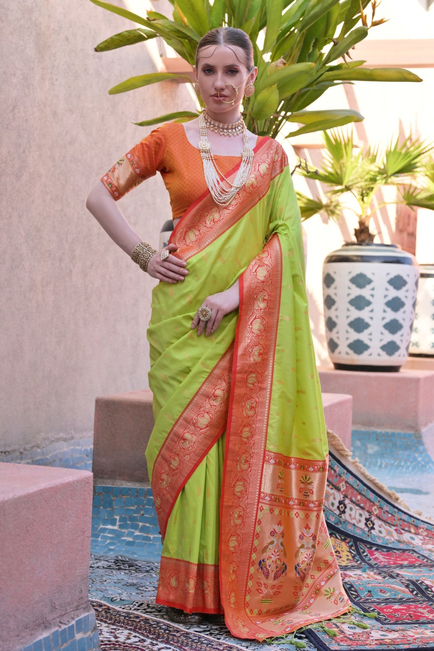 Buy MySilkLove Slime Green Zari Woven Paithani Saree Online