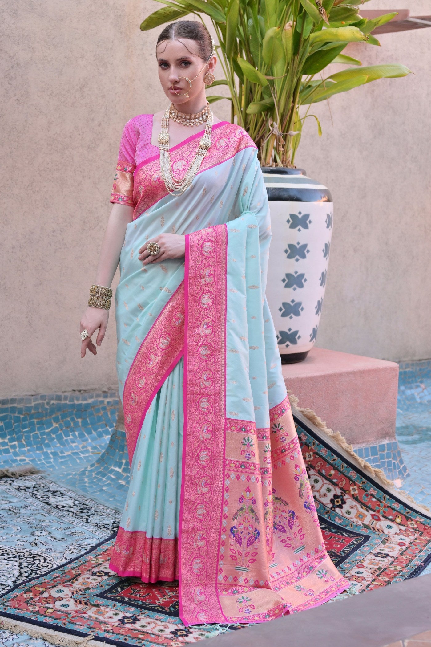 Buy MySilkLove Light Blue Zari Woven Paithani Saree Online