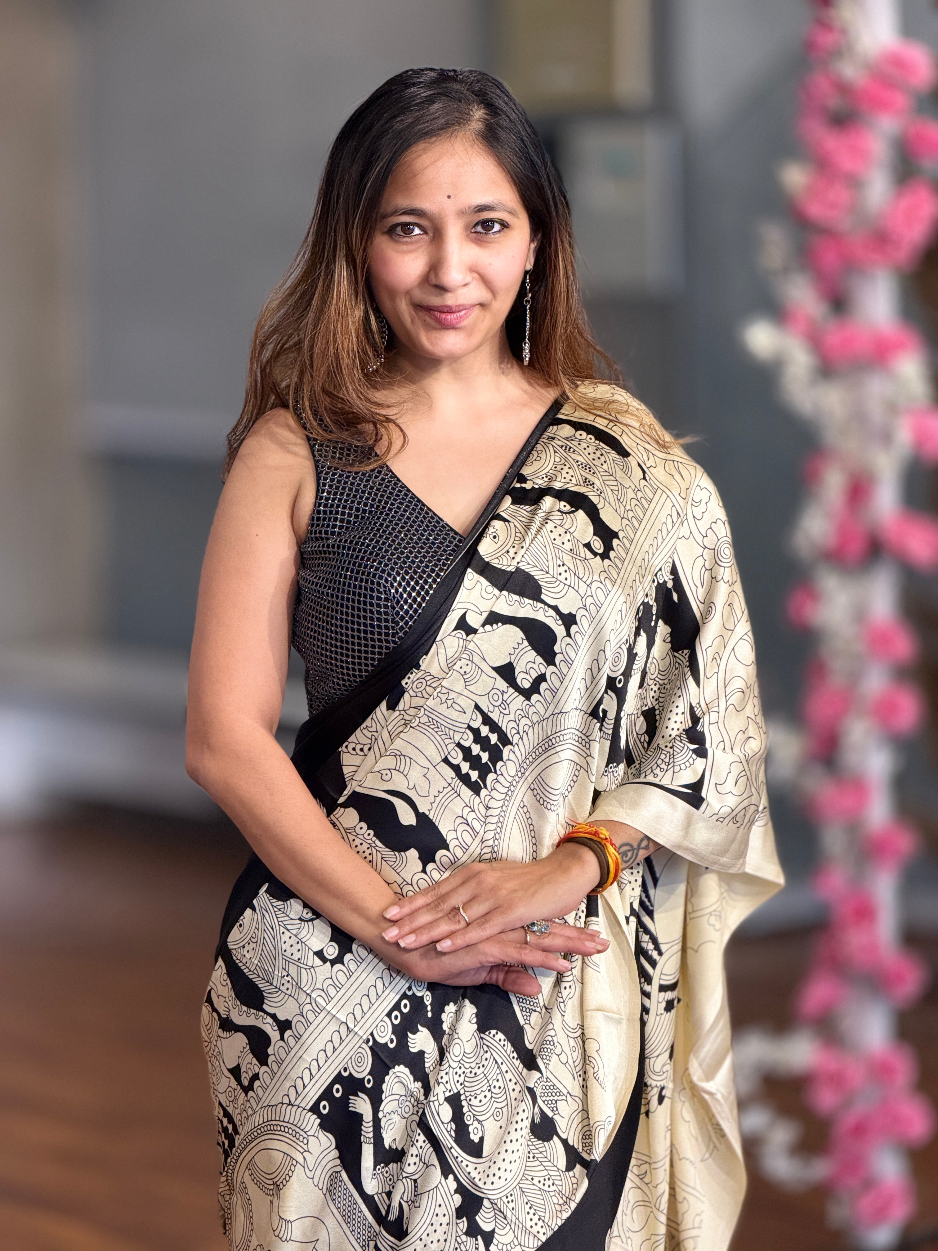 Buy MySilkLove Stone Black and Cream Ajrakh Printed Satin Crepe Silk Saree Online