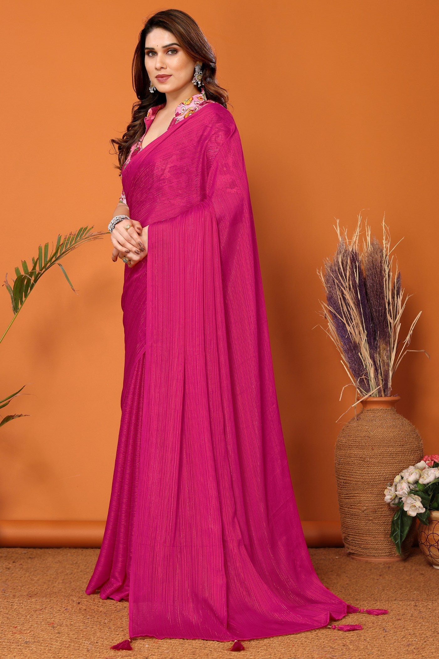 Buy MySilkLove Wild Berry Pink Solid Plain Saree Online