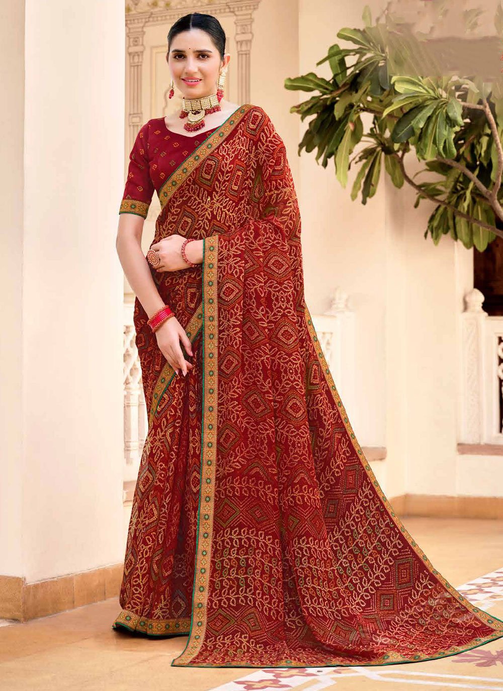 Buy MySilkLove Apple Blossom Brown Chiffon Bandhani Saree Online