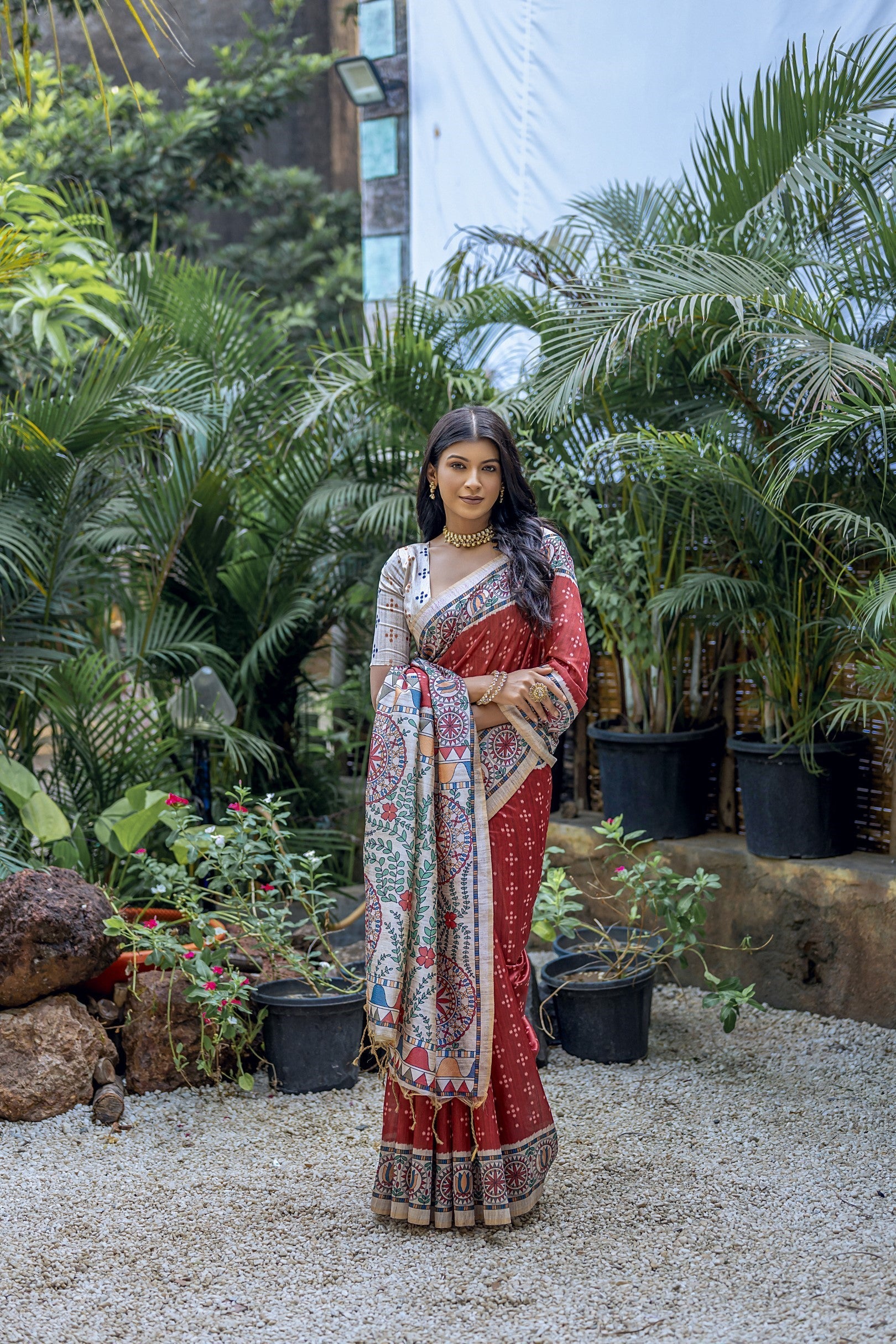 Buy MySilkLove El Salva Maroon Madhubani Tussar Printed Silk Saree Online