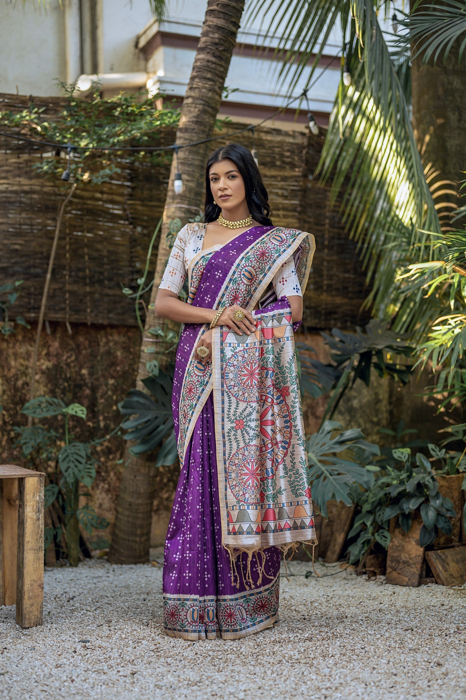 Buy MySilkLove Vivid Violet Purple Madhubani Tussar Printed Silk Saree Online