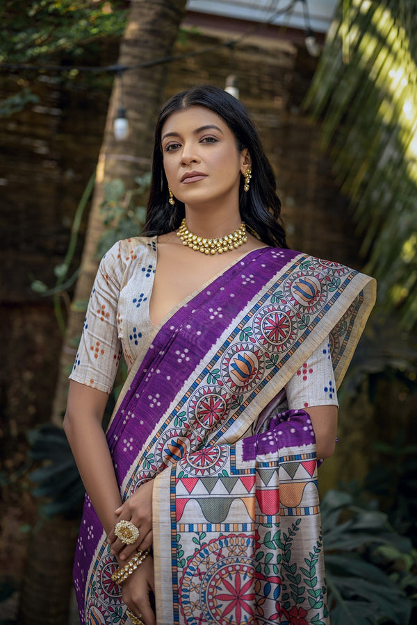 Vivid Violet Purple Madhubani Tussar Printed Silk Saree