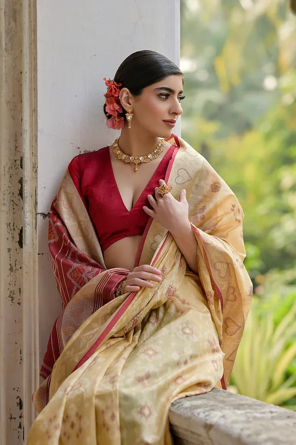 Buy MySilkLove Burly Wood Cream Woven Raw Silk Saree Online