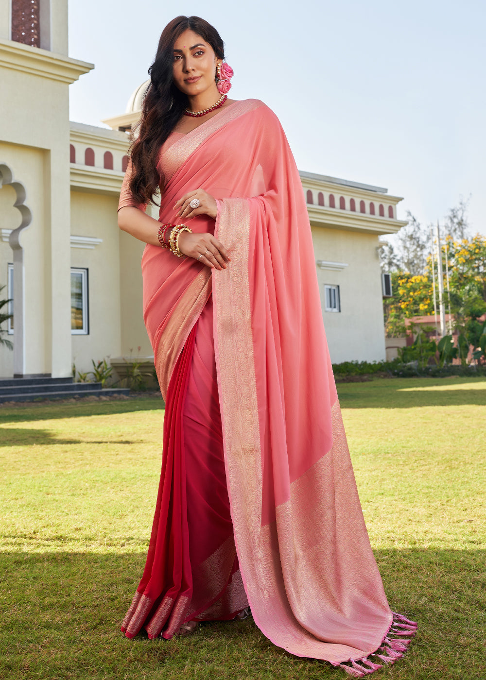 Buy MySilkLove Froly Peach Woven Georgette saree Online