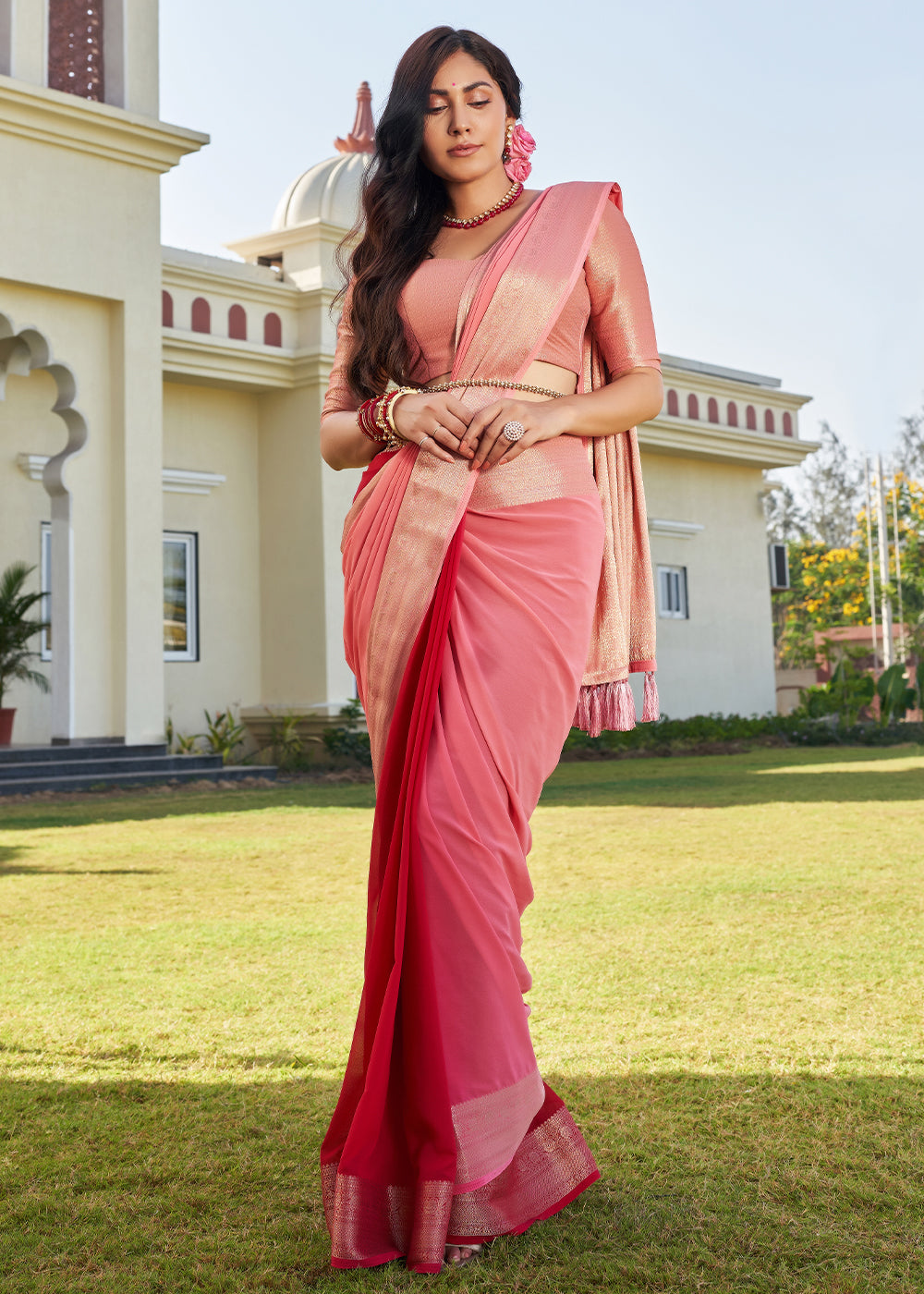 MySilkLove Froly Peach Woven Georgette saree