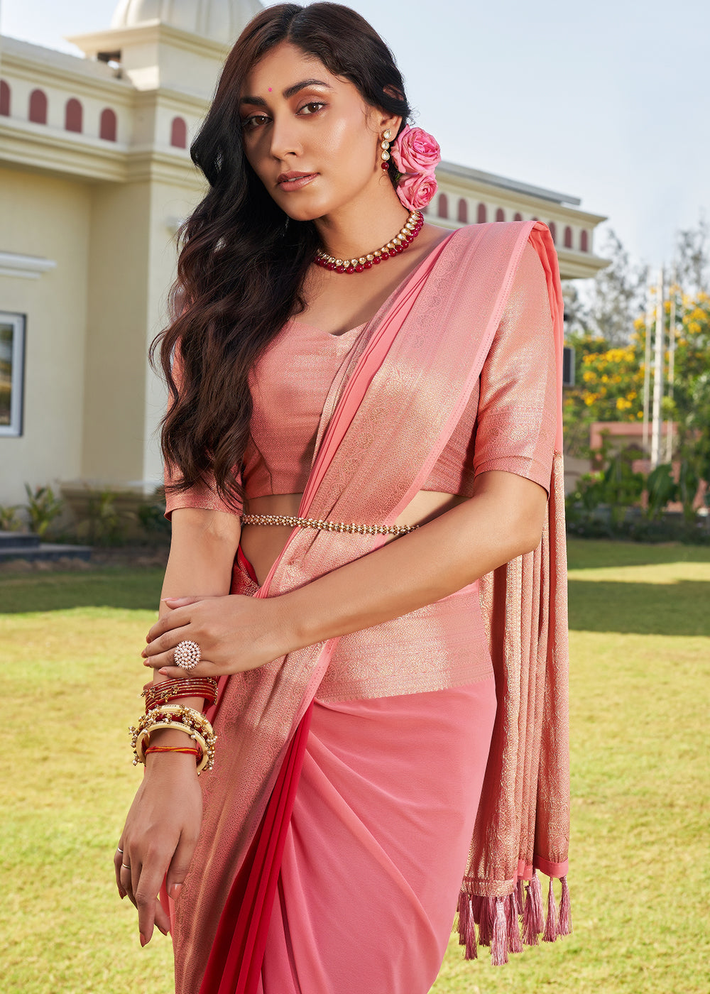 Buy MySilkLove Froly Peach Woven Georgette saree Online