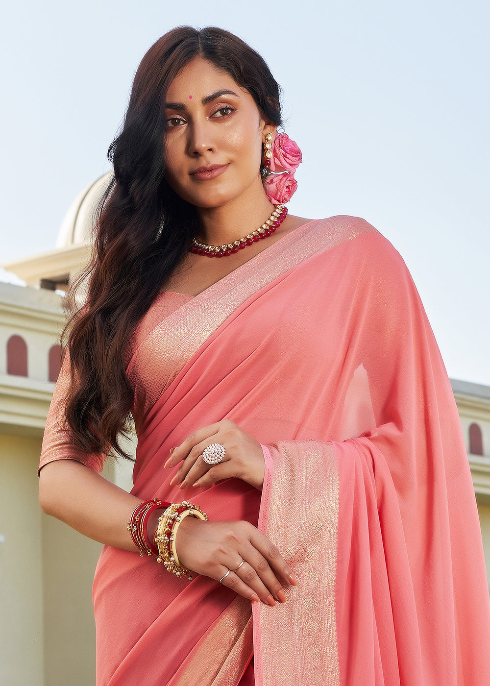 Buy MySilkLove Froly Peach Woven Georgette saree Online