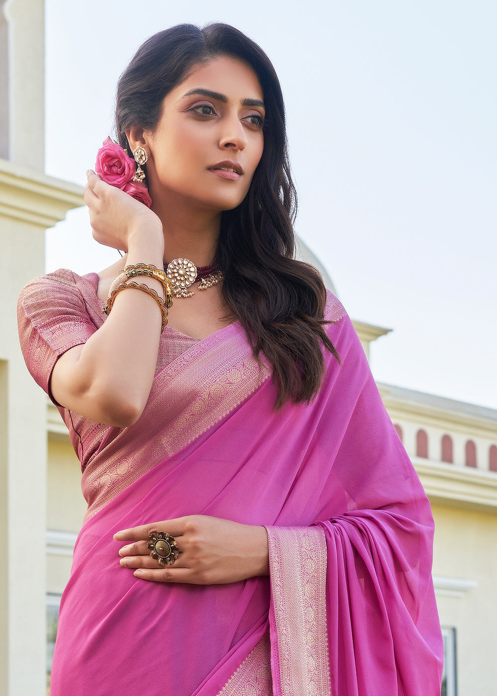 Buy MySilkLove Hopbush Pink Woven Georgette saree Online