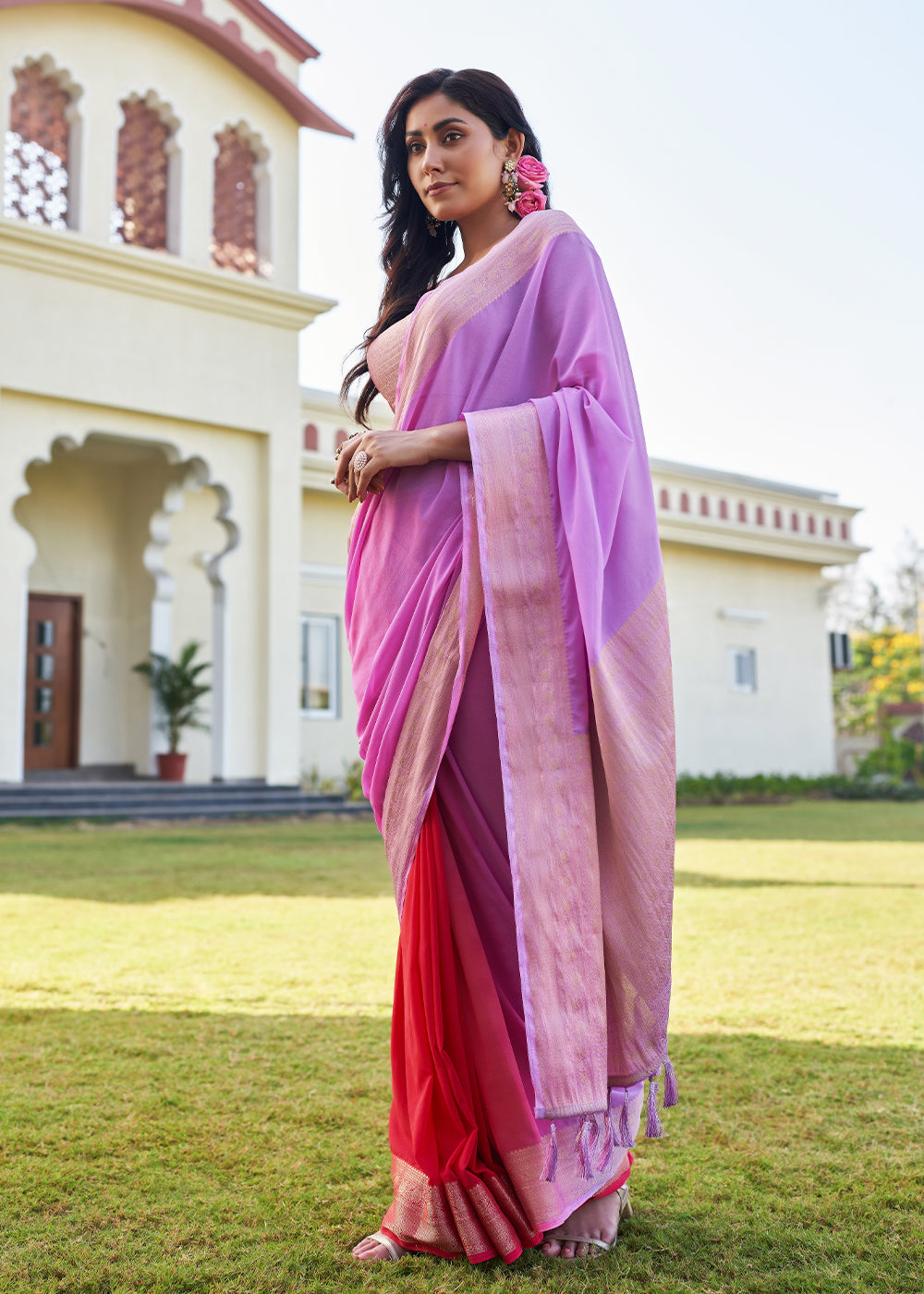 Buy MySilkLove Lavender and Red Woven Georgette saree Online