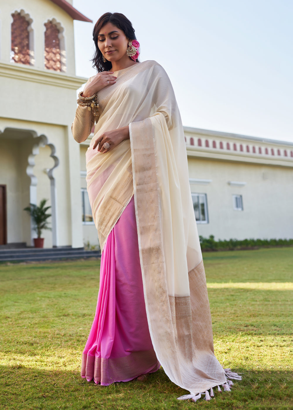 Buy MySilkLove Timberwolf White and Pink Woven Georgette saree Online