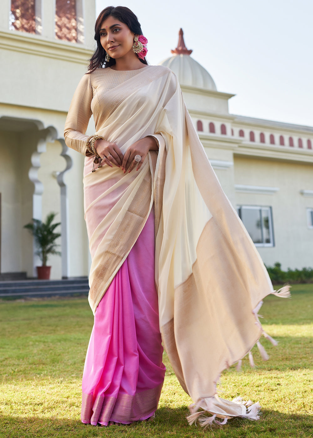 Buy MySilkLove Timberwolf White and Pink Woven Georgette saree Online