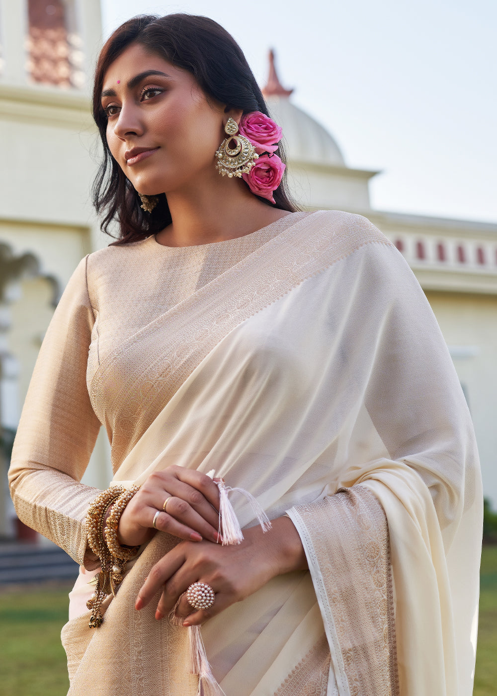 Buy MySilkLove Timberwolf White and Pink Woven Georgette saree Online