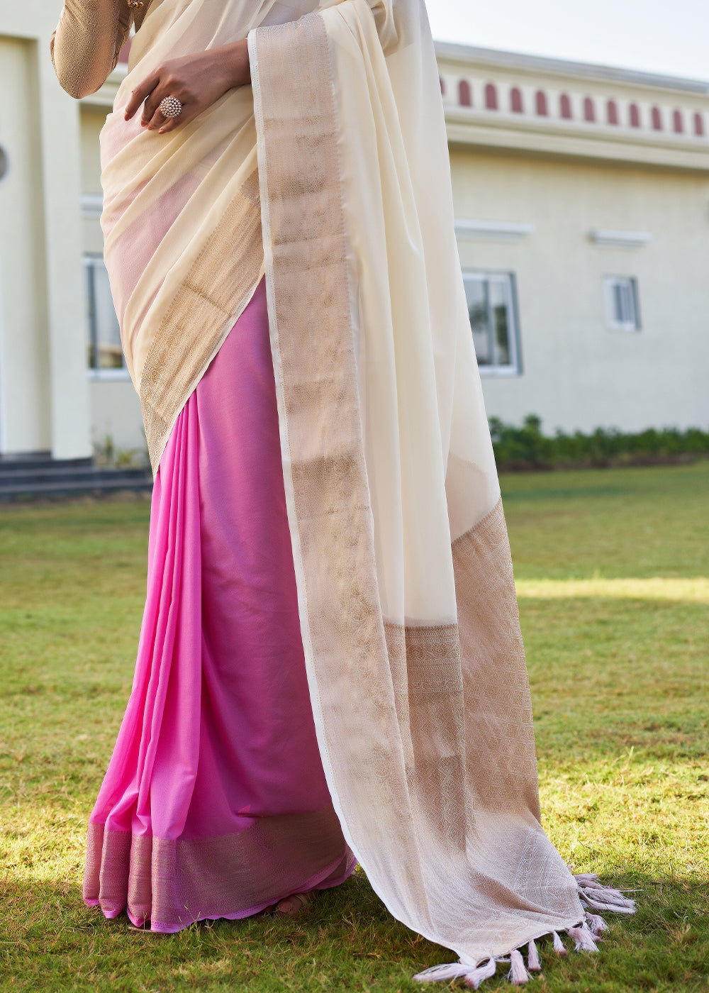 Buy MySilkLove Timberwolf White and Pink Woven Georgette saree Online