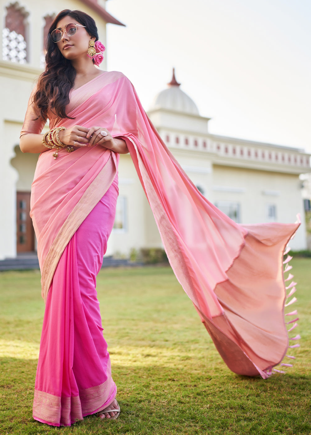 Buy MySilkLove Charm Pink Woven Georgette saree Online