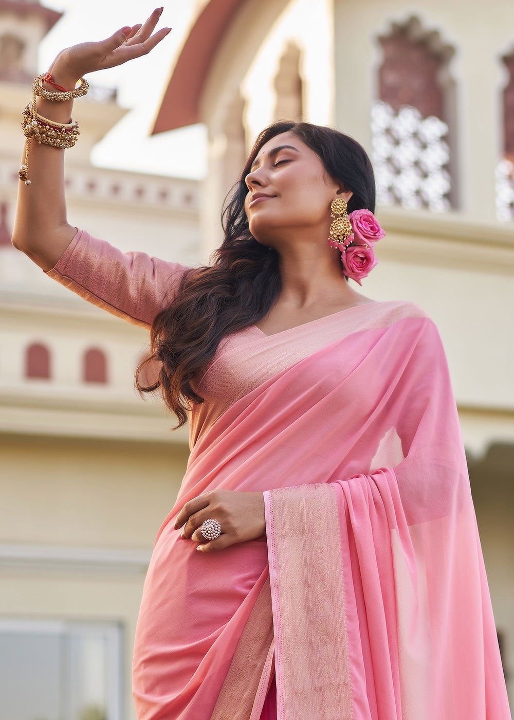 Buy MySilkLove Charm Pink Woven Georgette saree Online