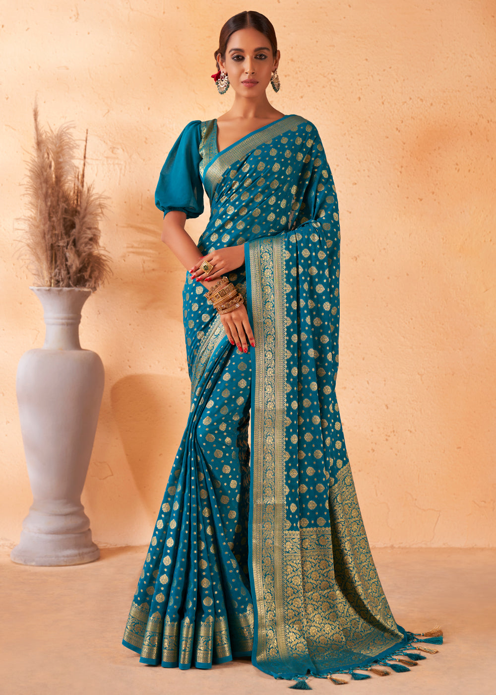 Buy MySilkLove Teal Blue Woven Georgette Saree Online