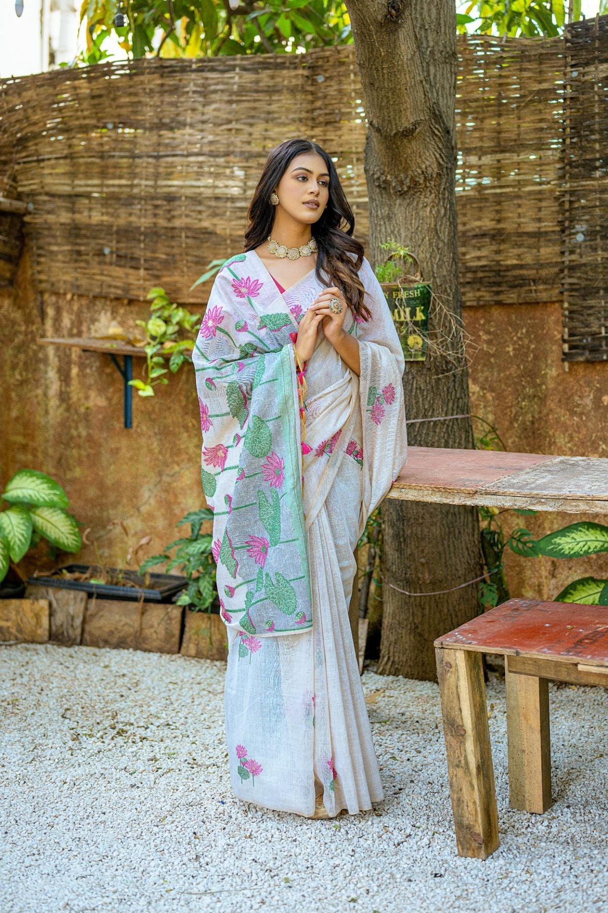 Buy MySilkLove Lily Pink and White Muga Cotton Saree Online