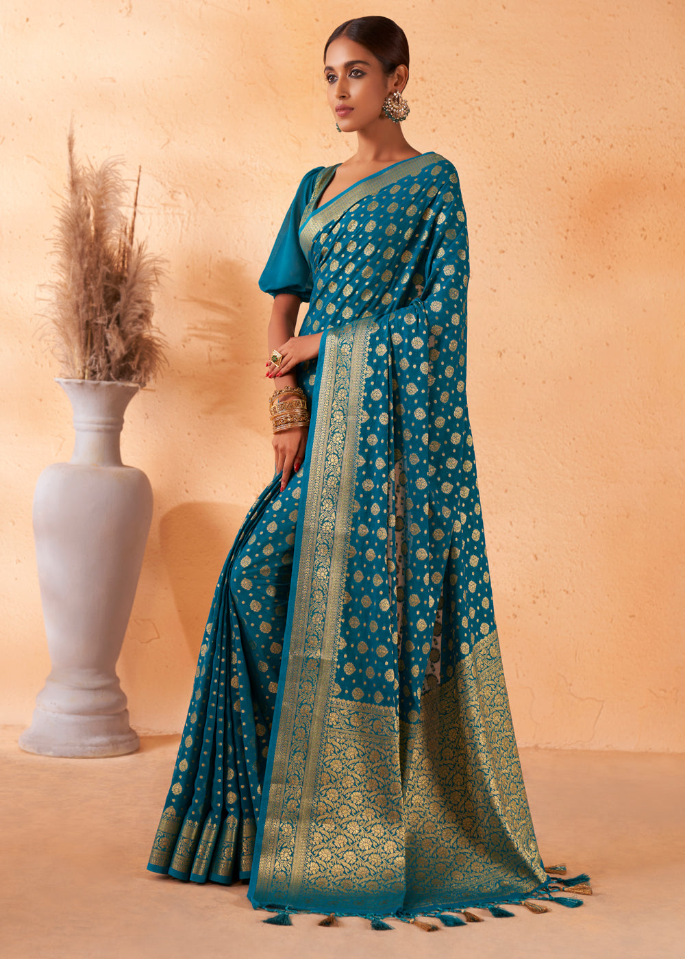 Buy MySilkLove Teal Blue Woven Georgette Saree Online