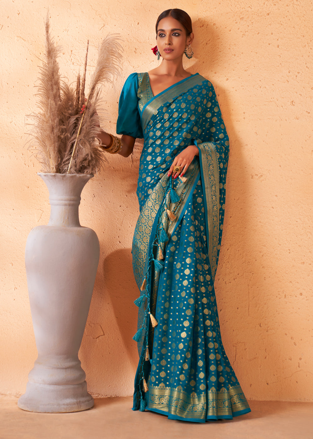 Buy MySilkLove Teal Blue Woven Georgette Saree Online