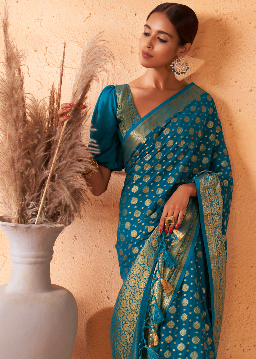 Buy MySilkLove Teal Blue Woven Georgette Saree Online