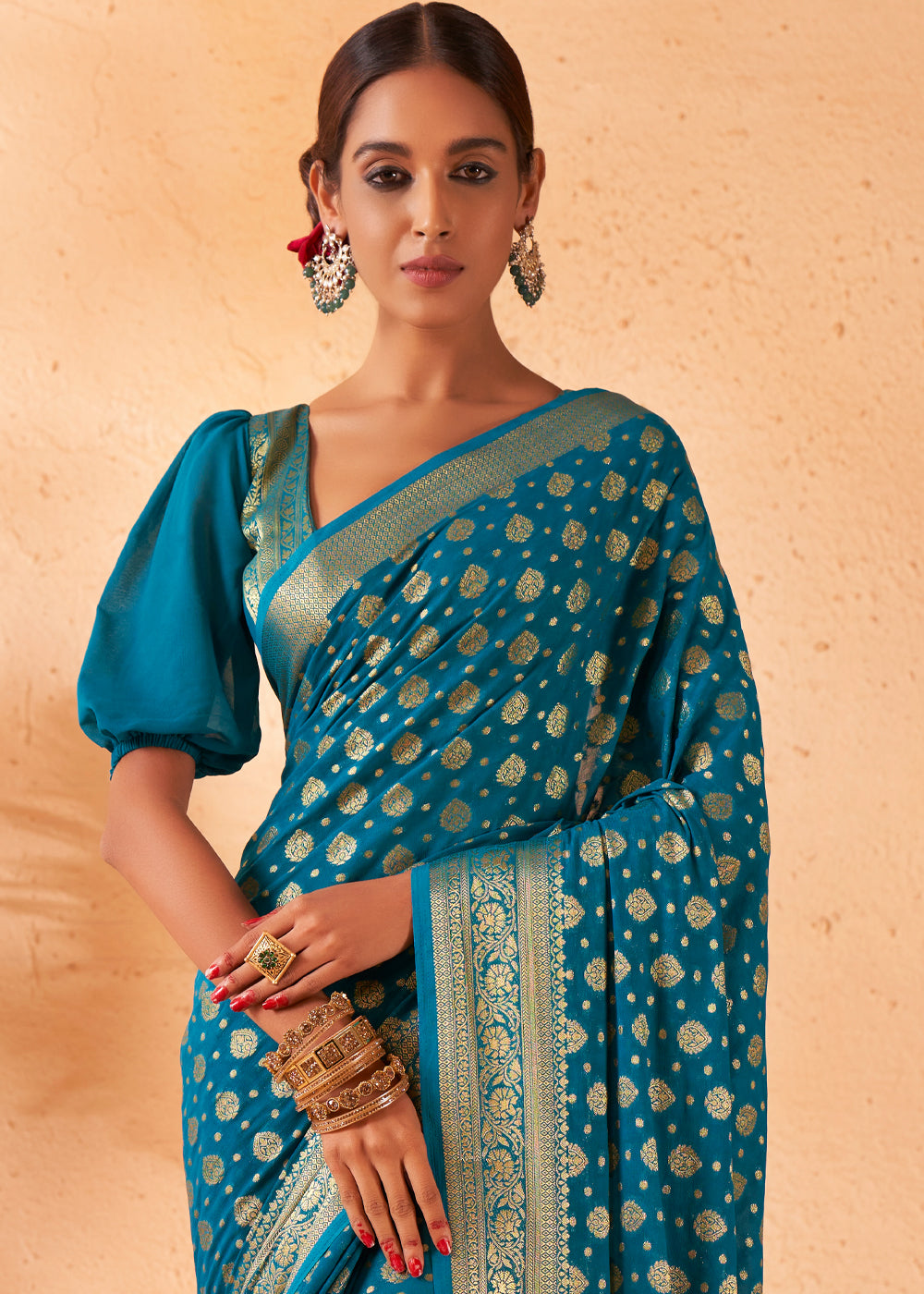 Buy MySilkLove Teal Blue Woven Georgette Saree Online