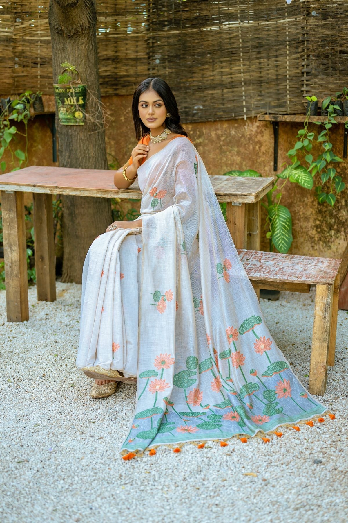 MySilkLove Orange and White Muga Cotton Saree