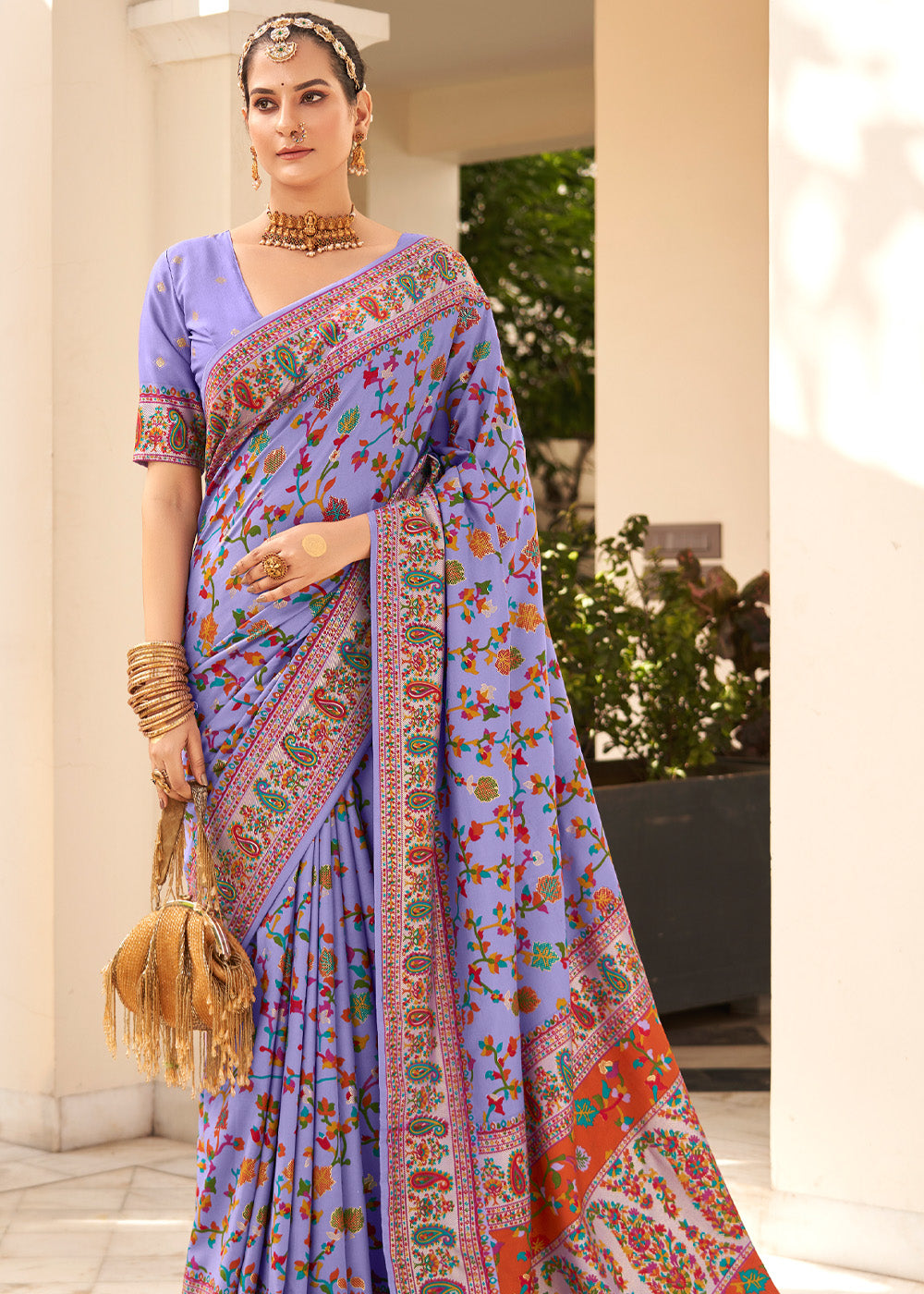 Buy MySilkLove Heliotrope Purple Handloom Printed  Kashmiri Jamewar Silk Saree Online