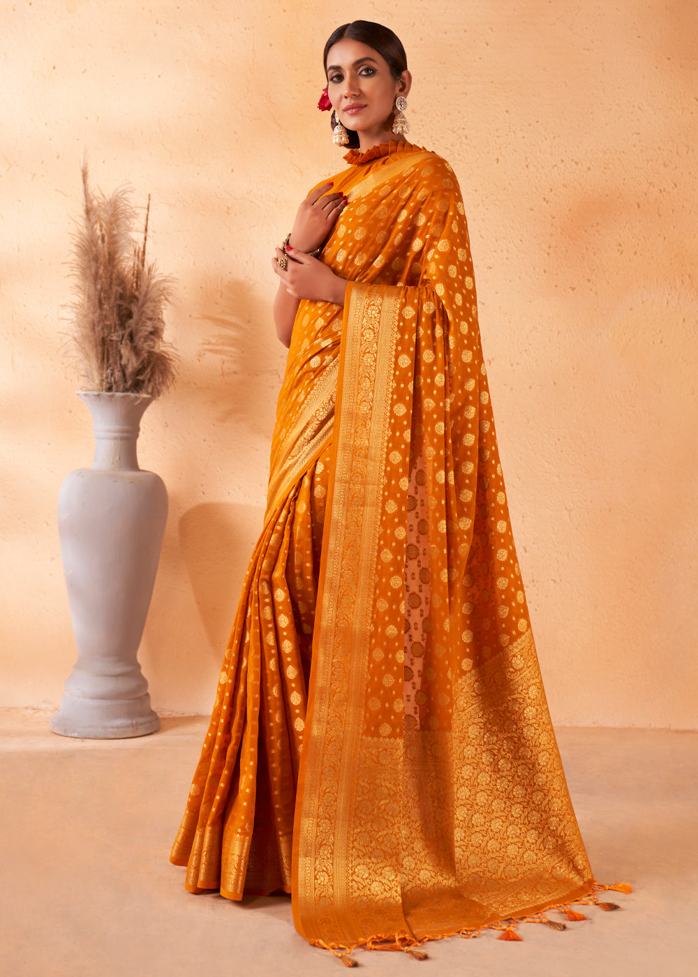 MySilkLove Brandy Punch Yellow Woven Georgette Saree