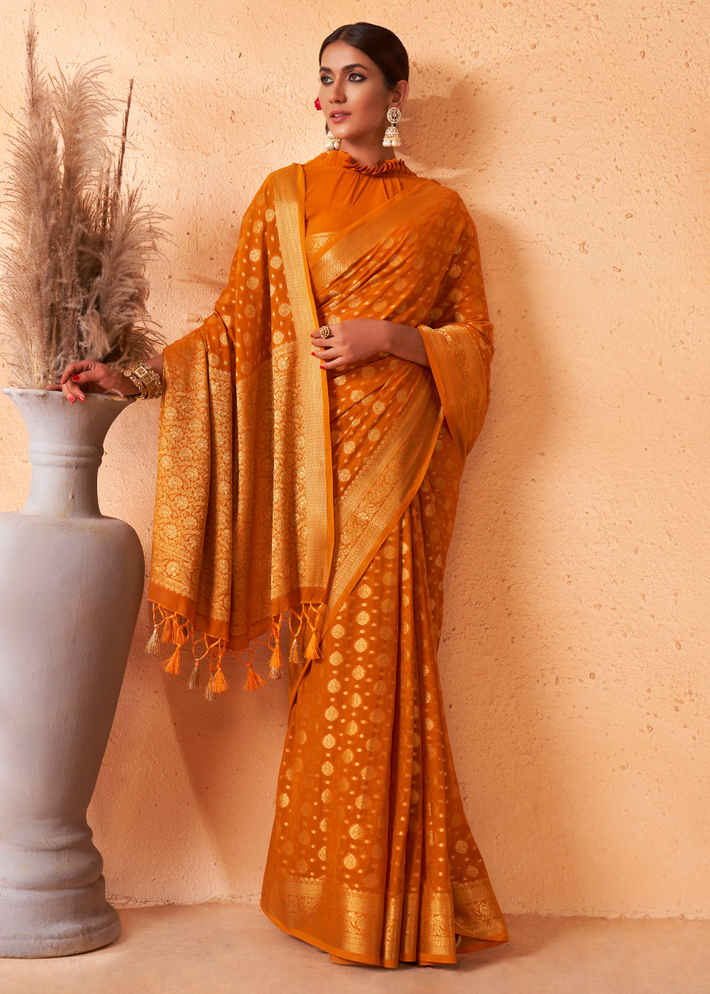 Buy MySilkLove Brandy Punch Yellow Woven Georgette Saree Online